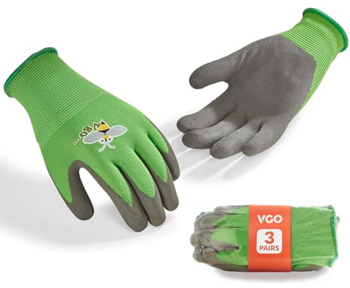Vgo 3 Paia Bambini Giardinaggio Guanti Età 3-9| Naturale Lattice Grip|Traspirante Cantiere&Sicurezza Guanti Fai Da Te, Lavabile In Macchina Per Gioco All'Aperto (3 Paia,taglia XXS,Verde,RB6013-KID)