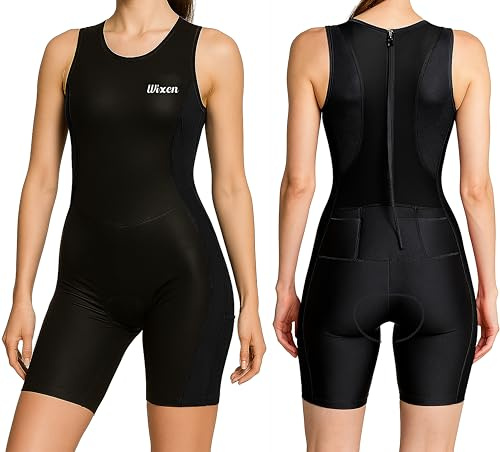Wixen Women’s Triathlon Suit – Padded One-Piece Sleeveless Trisuit with Rear Zipper for Running, Swimming, Cycling, Black, Medium