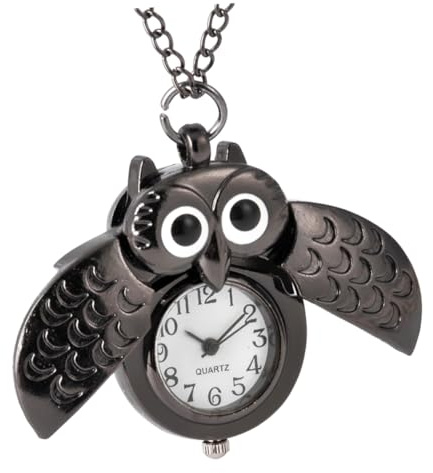 Retro Eulen Taschenuhr Schwarz, Dekorativ und Kreativ im Vintage Stil | Legierung und Kunststoff, Quarzwerk, Zierliche Halbmondform, 1 Stück für Freunde und Familie