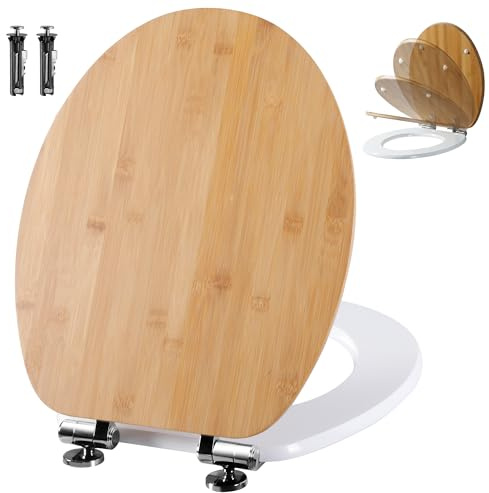 Angel Shield WC-Sitz mit Absenkautomatik, Verstellbare Metallscharniere, zu Reinigen, O-Förmig, 45x37 cm, Bambus Holz-Toilettensitze(Bambus & Weiß lackiert)