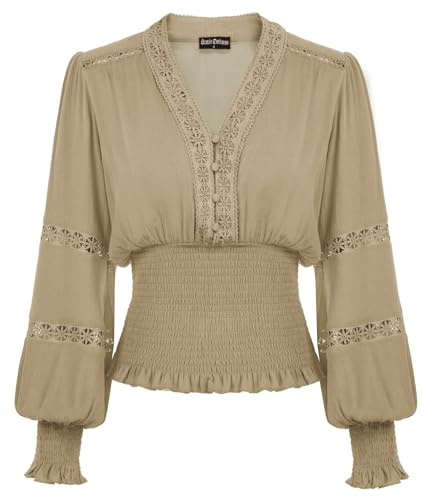 Scarlet darkness kvinnor renässans toppar spets v-ringad lykta ärm smockad blus, Khaki, XXL