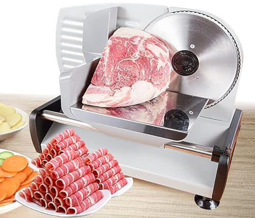 SUNBGRPYE Rebanadora De Carne EléCtrica, Rebanadora De Carne De 200W, con Cuchillas De Acero Inoxidable De 190mm, para Carne, Queso, Pan, Verduras, Grosor De 1~15mm Ajustable Silver