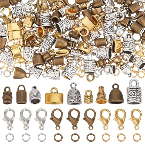 SUNNYCLUE 1 Box 210 Stück Leder Endkappen Kumihimo Perlenkappen Vintage Antik Gold Silber Rohr Fass Seil Quaste Kordelenden Terminal Kits Karabinerverschluss Offene Ringe Für Schmuckherstellung Kit Fü