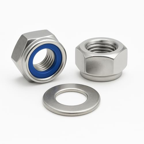 NOLDAR | Tuercas autoblocantes hexagonales con inserto de nylon DIN 985 + Arandelas planas DIN 125. Métricos M5 + M6 + M8 (20 tuercas + 20 arandelas de cada medida). Acero inoxidable AISI 304 (A2)