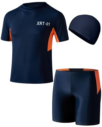 Cheerful Mario Bañador Niño 5 a 13 Años Conjuntos de Ropa de Baño UV Protección Camiseta de Surf y Pantalones Cortos de Baño Marina-A 14-15 Años