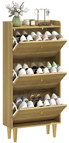 HOMCOM Narrow Shoe Cabinet, Modern Shoe Storage Cabinet with 3 Flip Drawers, Adjustable Shelves and Top Shelf for Hallway, Space Saving, Holds 12-18 Pairs, Oak