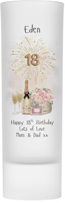 Personalised 18th Birthday Shot Glass, 18th Birthday Gift for Girls, Age 18, 3oz Frosted Glass (Champagne & Floral)