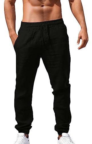 Luadnysin Pantaloni Uomo Lino Pantalone Trousers Traspirante Pantalaccio Larghi Fit Slim Vita Elastica Classico Cotone di Lavoro Palestra Estivi Baggy Casual,S-5XL