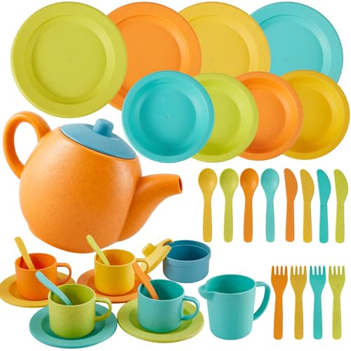 kimonca Juego de vajilla de cocina infantil, juego de té, vajilla para muñecas, accesorios de cocina infantil, juego de té y vajilla, utensilios de cocina, cocina, regalo para 3, 4, 5 años, niñas y