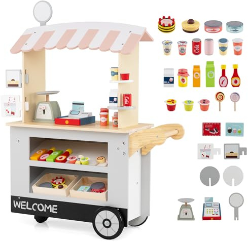 HOMASIS Kaufladen Kaufmannsladen Holz mit 30 Spielzubehör, Verkaufsstand Supermarkt-Set mit 3 Rädern, Lebensmittelwagen mit Kasse, POS & Waage, Verkaufswagen Rollspiel für Kinder ab 3 Jahren (Grey)