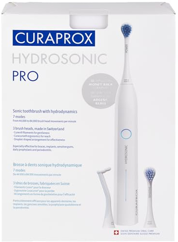 Curaprox Hydrosonic Pro Sonic Toothbrush – for Sensitive Teeth, Implants and Braces | Professional Cleaning at Home | Set with Three Brush Heads | Designed in Switzerland