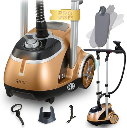 SALAV® Professional Garment Steamer with Built-in Ironing Board, 1500W Continuous Steam, 4 Steam Settings, Chrome Finish, Stainless Steel Steam Plate, Removable 1.8L Tank, Wheels for Easy Movement