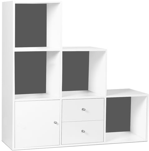 IDMarket - Libreria mobili a forma di scala a 3 livelli in legno bianco con sfondo grigio con anta e cassetti LIAM