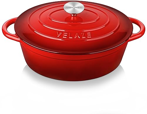 Velaze Casseruola in Ghisa, Pentola a Induzione per Stufati e Brasati, Cocotte Casseruola con Coperchio in Rivestimento Smaltato, Forno Olandese, Rosso, Ovale - 30 cm, 5 L