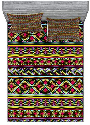 Ambesonne African Fitted Sheet & Pillow Sham Set, Colorful Diamond Motifs with Angled Lines Lively Palette Geometric Borders, Decorative Printed 3 Piece Bedding Decor Set, Queen, Multicolor