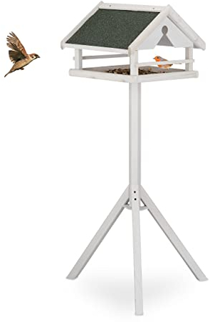 Relaxdays Vogelfutterhaus mit Ständer, wetterfestes Dach, Holz Vogelhaus, HBT: 120x62x55 cm, Futterhaus Wildvögel, weiß