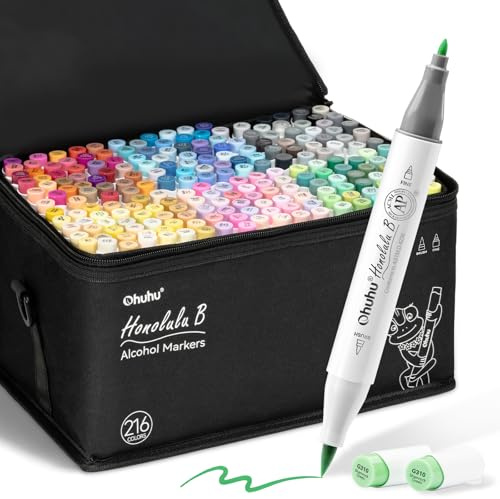 Ohuhu Alcohol Based Brush Markers: Double Tipped Art Marker Set for Artists Adults Coloring Drawing Sketch Illustration - Brush Fine Dual Tip - 216 Colors - 1 Blender - 1 Marker Case - Honolulu