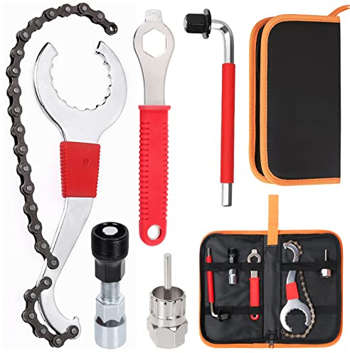 Swpeet 7Pcs Bicycle Repair Tool Assortment Kit, 3 in 1 Multi Bike Cassette Removal Tool with Chain Whip, Auxiliary Wrench, Bracket Removal, Crank Puller Tool, 16mm Spanner Repair Bike