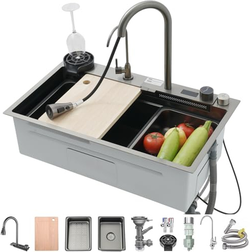 Edelstahl Spüle Einzelne Schüssel Bar Spüle Multifunktions Haushaltsspülbecken Mit Wasserhahn,Entwässerungskomponente,Entwässerungsbecken,Entwässerungskorb,Schneidebrett (Color : Nero, S : 75x46x22c