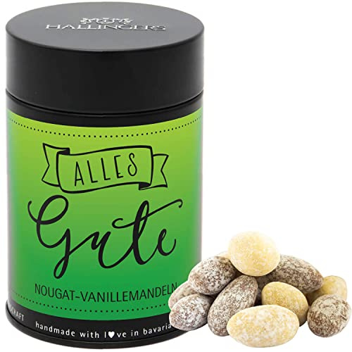 Hallingers Genuss Manufaktur Nougat-Mandeln Glückwunsch-Geschenk - von Hand in der Manufaktur schokoliert ohne Alkohol in der Geschenkdose Alles Gute, Geschenkidee für Frauen Männer