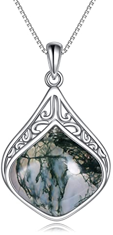 YAFEINI Moosachat Tropfen Kette Sterling Silber Vintage filigrane Naturstein Tropfen Anhänger Halskette Schmuck Geschenke für Damen Mädchen (Tropfenkette aus Moosachat)