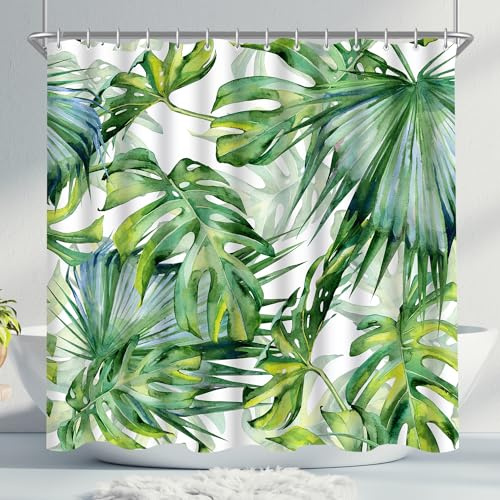 Lerores Duschvorhang 240x200cm Grün Blätter, Beschwerter Saum Antischimmel Textil, Wasserdicht, Waschbar Polyester Stoff Badevorhänge mit Ösen und 16 Duschvorhangringe für Badezimmer, Badewanne