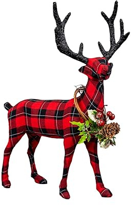 SHATCHI 35cm Tall Tartan Reindeer Figurine - Free Standing Stag Chrismas Decorative Statue Xmas Ornaments for Fireplace Windowsill Bedroom Shelf Living Room Office Holiday Party Decorations