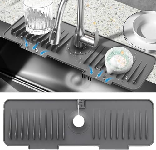 iArtker Protector contra salpicaduras de fregadero de 18 x 5 pulgadas, alfombrilla de silicona para fregadero de cocina y baño, alfombrilla de drenaje, bandeja de recogida de goteo, soporte