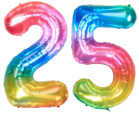Ponmoo Foil Palloncini Numeri 25 52 Neon Arcobaleno 40 (101cm), Gonfiabili Elio o Aria, Gigant Numero 0-9, 10-29, 30-100, Granda Palloncino per Anniversario, Decorazione Feste di Compleanno