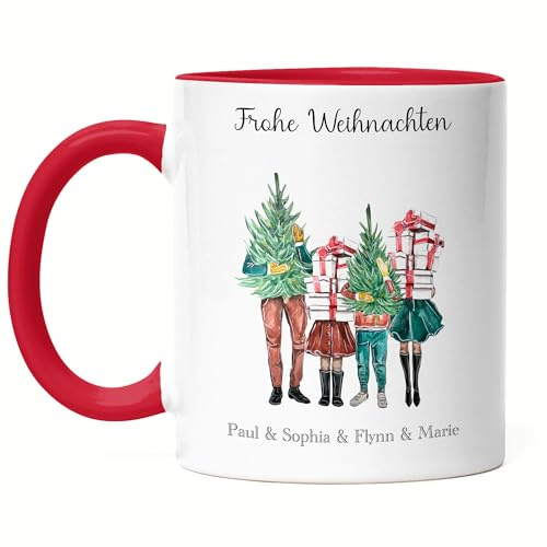Kiddle-Design Weihnachtstasse Personalisiert Familie Tasse Rot Idee Geschenk Eltern Kinder Persönlich Nikolaus Weihnachten Xmas Geschenk 2 Kinder
