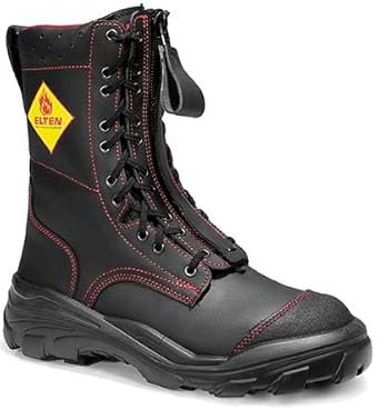 ELTEN Feuerwehrstiefel Euro Proof F2A, Damen und Herren, Leder, Stahlkappe, robust 48, Schwarz|Rot