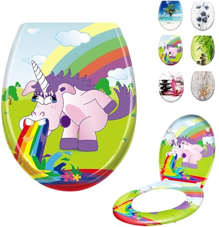 LARS360 Toilettendeckel WC Sitz mit Absenkautomatik, Antistatisch Antibakteriell Leicht zu Reinigen Abnehmbar Für Meisten Klodeckel Hänge WC, 45 x 38cm (Regenbogen und Pferd)