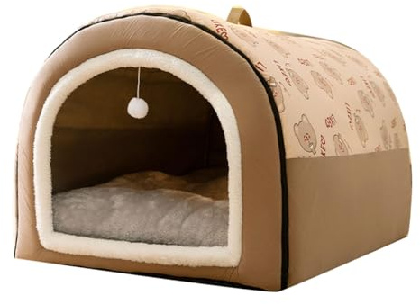 F Fityle Großes Indoor-Hundehütte, Faltbares & Weiches Haustierbett Für Mittelgroße Hunde und Katzen, Warmes Flanell & Oxford-Gewebe, Gemustert, Größe L 50x40x35cm
