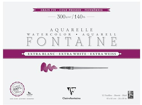 Clairefontaine 976044C - Block Aquarellpapier Fontaine Extraweiß feinkörnig, 4-seitig geleimt, 12 Bogen 300g 61x46 cm, 1 Stück