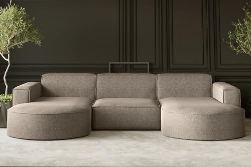 Kaiser Möbel - Ecksofa mit Wohnlandschaft, Sofa U-Form, Polstersofa, Bequemes Couch mit Ottomanen für Wohnzimmer, Relaxsofa, Bigsofa, Lounge-Set U Form, Verita Stoff, Modena U Studio, Warmbeige