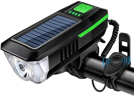 Multi-Functional Solar-Powered and USB Rechargeable Battery Mountain Bike Night Cycling High Brightness Light Bike Front Light and 120dB Horn Bicycle Charging Light (Green)