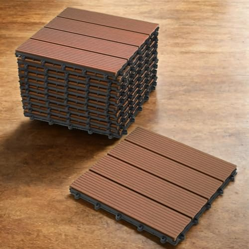 Loreno WPC Terrassenfliesen, Balkonboden & Terrassenboden mit Klicksystem - Balkonfliesen, Terrassendielen, 30x30 cm, 11er Spar-Set - Wetterfester und pflegeleichter Bodenbelag, Teak