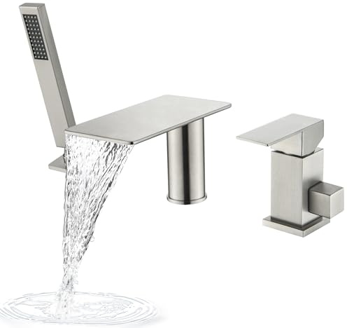 GUOYINDONG Waterfall Roman Tub Faucet with Sprayer, Deck Mount Tub Faucet Single Handle 3 hole Roman Tub Faucet High Flow Bathtub Faucet Set, Brushed Nickel