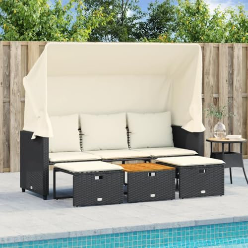 LAPOOH Outdoor-Sofa 3-Sitzer mit Dach und Hockern Schwarz Poly-Rattan, Lounge Sofa Outdoor, Garten Loungemöbel, Gartensofa, Gartenlounge - 365453