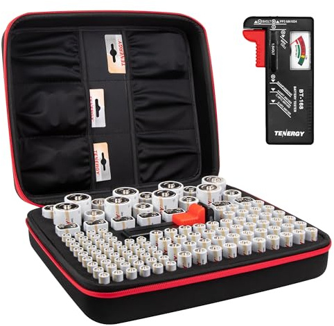 Tenergy Alkaline Batteries & Storage Case, 48xAAs, 48xAAAs, 8xC Size, 8xD Size, 8 Pack 9V Size Batteries, and Battery Organizer Case