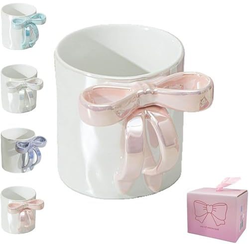 biubiusot Bezaubernde Tasse mit Schleifengriff, 350 ml, rosa Keramik, Weihnachtsschleife, heißer Kaffeebecher für Frauen, Freunde, Kollegen, Valentinstag, Weihnachten, Geburtstag, Geschenke