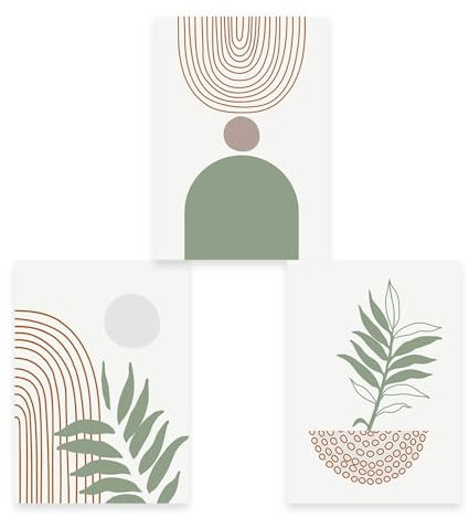 Colección de 3 Fotografías Geometría Abstracta Bohemia Cartel de Lona Verde Oliva Mural Grabado Sala de Estar Cocina Dormitorio Decoración de la Habitación - 40*60Cm / 16*24 Pulgadas (Sin Marco)