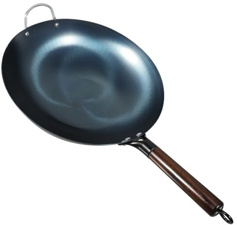 Cabilock Thickened Blue Iron Pan Wooden Handle Cooking Wok Pan for Gas Stove and Induction Hob Traditional Kitchen Wok for Frying and Grilling
