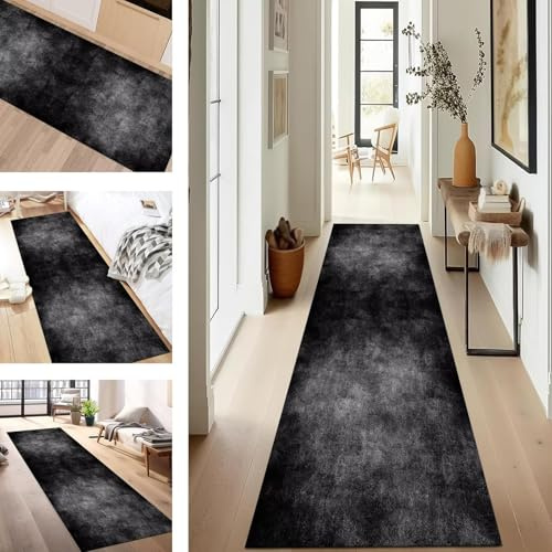 SUCERU Teppich Läufer Flur Küche rutschfest Waschbar Schmutzfangläufer Dauerhaft 50X180CM Schwarz Korridor Teppichläufer Flurteppich für Wohnzimmer Schlafzimmer Büro Esszimmer Küchenläufer