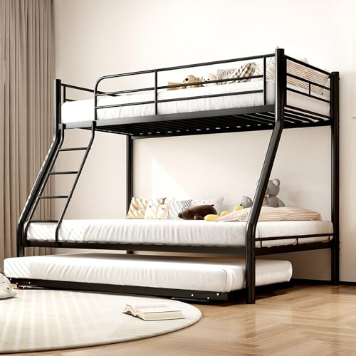 FUOIDYE Metall Etagenbett mit Ausziehbett, Doppelstockbett für Jugendliche Erwachsene, Hochbett mit Anti Fall Geländer Rutschfester Leiter 138×200cm/98×200cm, Schwarz(B)