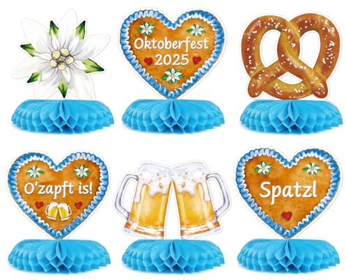 BETESSIN Oktoberfest Deko - 6-er Set Oktoberfest Tischdeko mit Lebkuchenherz, Edelweiss & Brezel Design - Bienenwabe Mittelstück - Bayrische Deko für Oktoberfestparty, Bierfest, Gartenparty uvm.