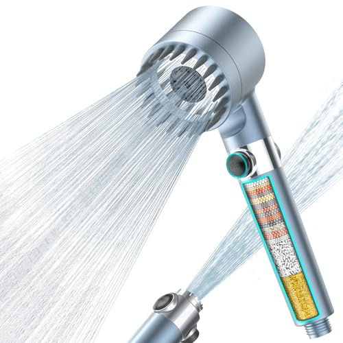 MEKO Hard Water Filter Shower Head with 15 Stage Filter, 3+1 Spray Jet Modes High Pressure Shower Head and 1.5m Hose, Handheld Massage Shower Filter for Residual Chlorine Remove (Blue)