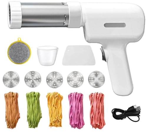 Idiyappam Maker Électrique, Machine À Pâtes Électrique Portative, Machine À Pâtes Sans Fil 5 En 1 Pour La Cuisine Avec 5 Moules. Appuyez Sur Un Bouton Pour Obtenir Des Nouilles Fraîches En (White-B)