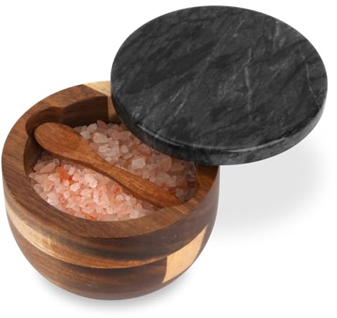 TABHOUKIT Wood Salt Cellar Box with Lid & Spoon, Black Marble Lid | Modern Salt or Pepper Sugar Spice Seasoning Bowl Container Jar Holder Well Keeper Dish Pig Crock for Kitchen