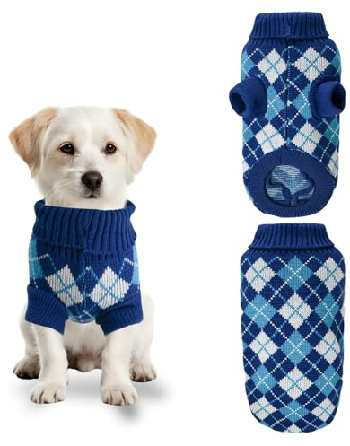PawSailor Hundepullover Kleine Hunde mit Rollkragen Gestrickt, Blau XS | Warmer Strickpullover Karomuster Komfort Welpenpullover Kuschelweich Winter-Outfit für Katze, Chihuahua, Yorkshire Terrier